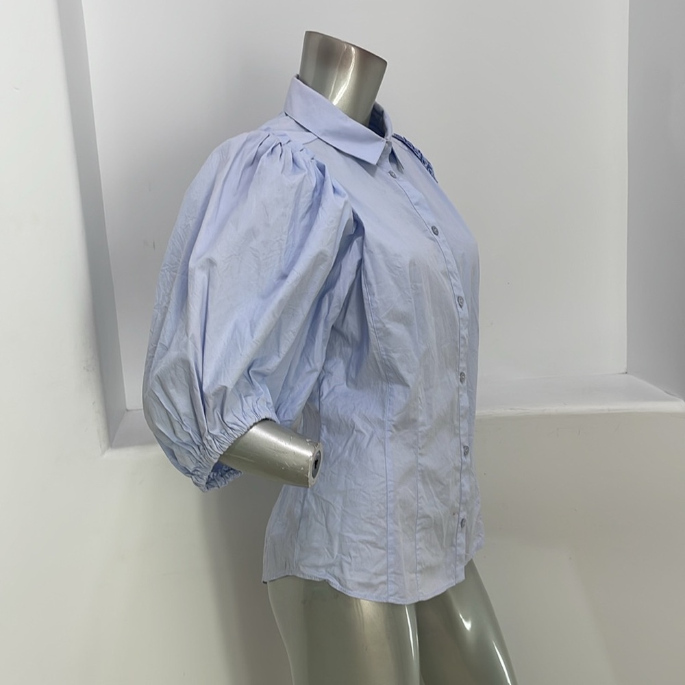 Karen Millen Quarter Balloon Sleeves Blue Button Up Shirt Top K4 - Picture 4 of 13